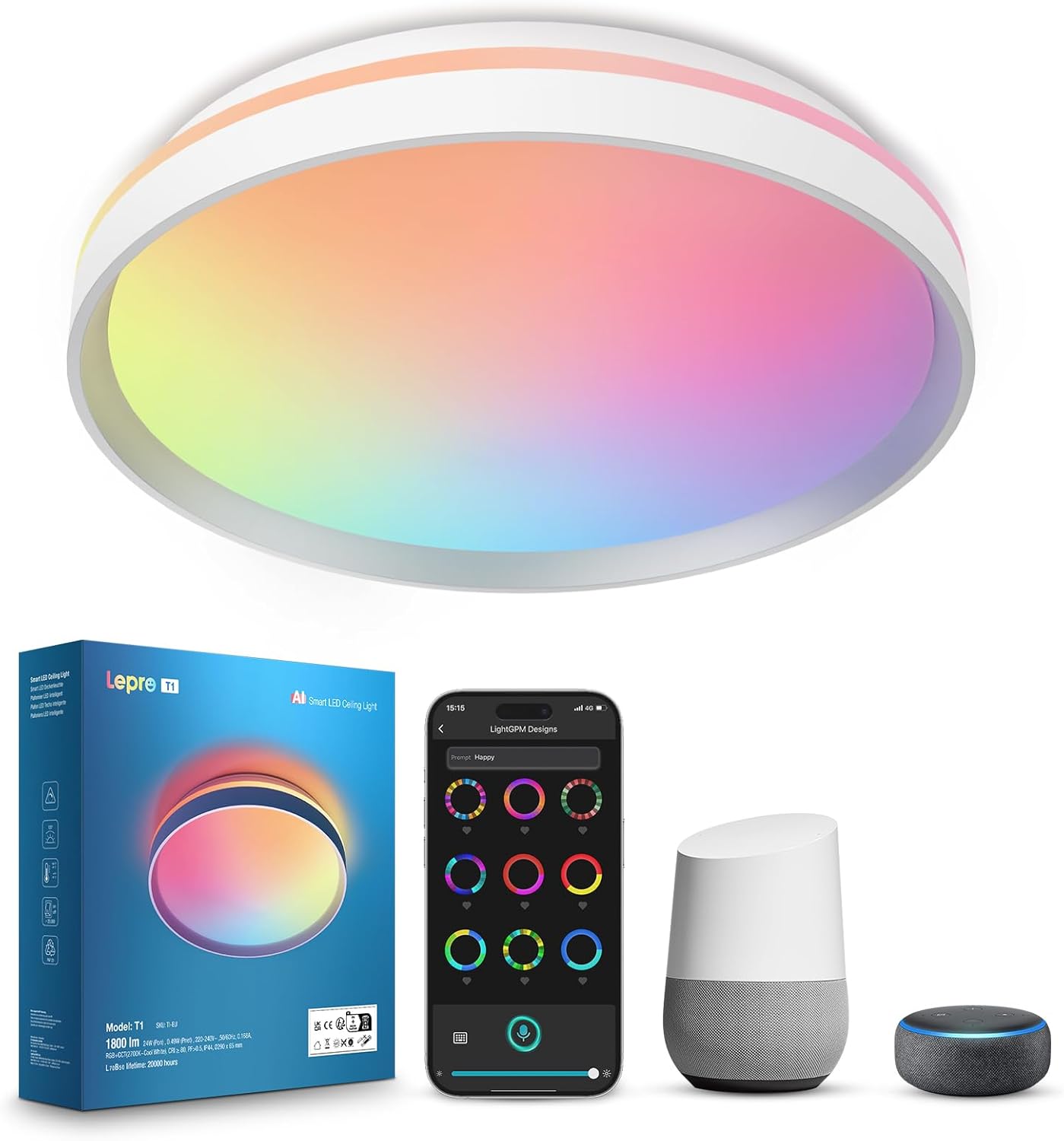 Lepro T1 AI Smart Ceiling Light 24W, Music Sync, Voice Control, AI Lighting Design Assistant, Waterproof Bathroom Light, DIY by Zone, Bluetooth&WiFi, Color Changing, Work with Alexa, Google Home, 29CM