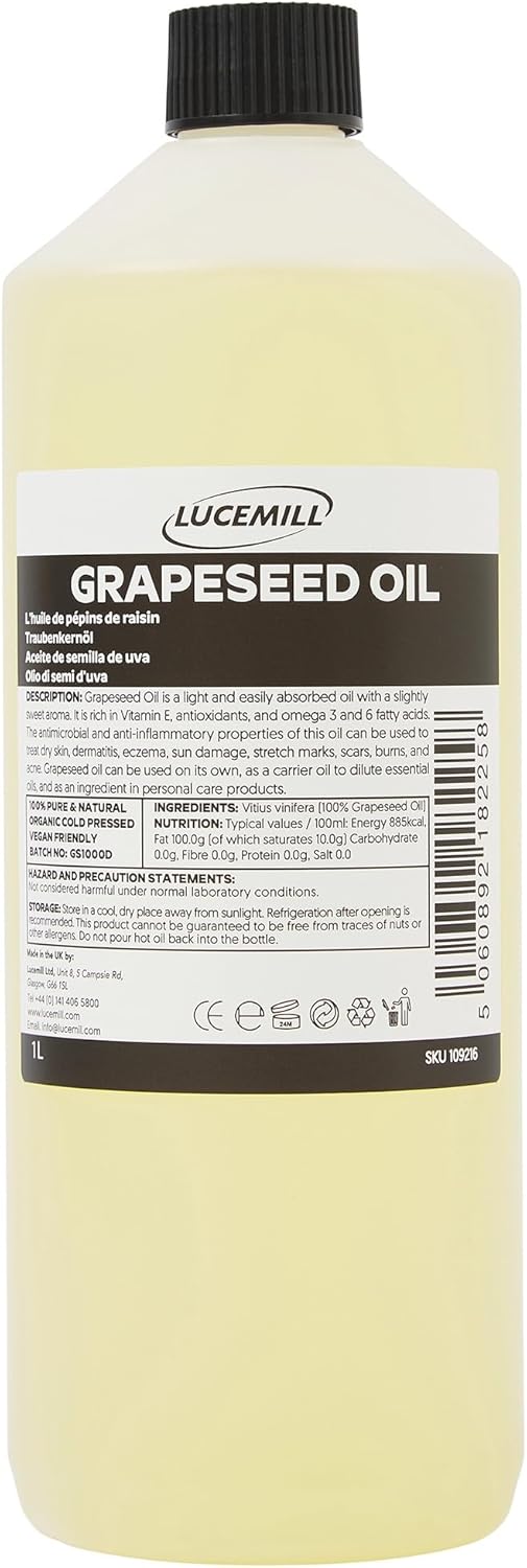 Lucemill Organic Grapeseed Oil | 1 Litre | 100% Pure & Natural Cold Pressed Carrier Oil | Lightweight Moisturiser for Skin & Hair | Ideal for Massage, Aromatherapy & DIY Beauty Blends