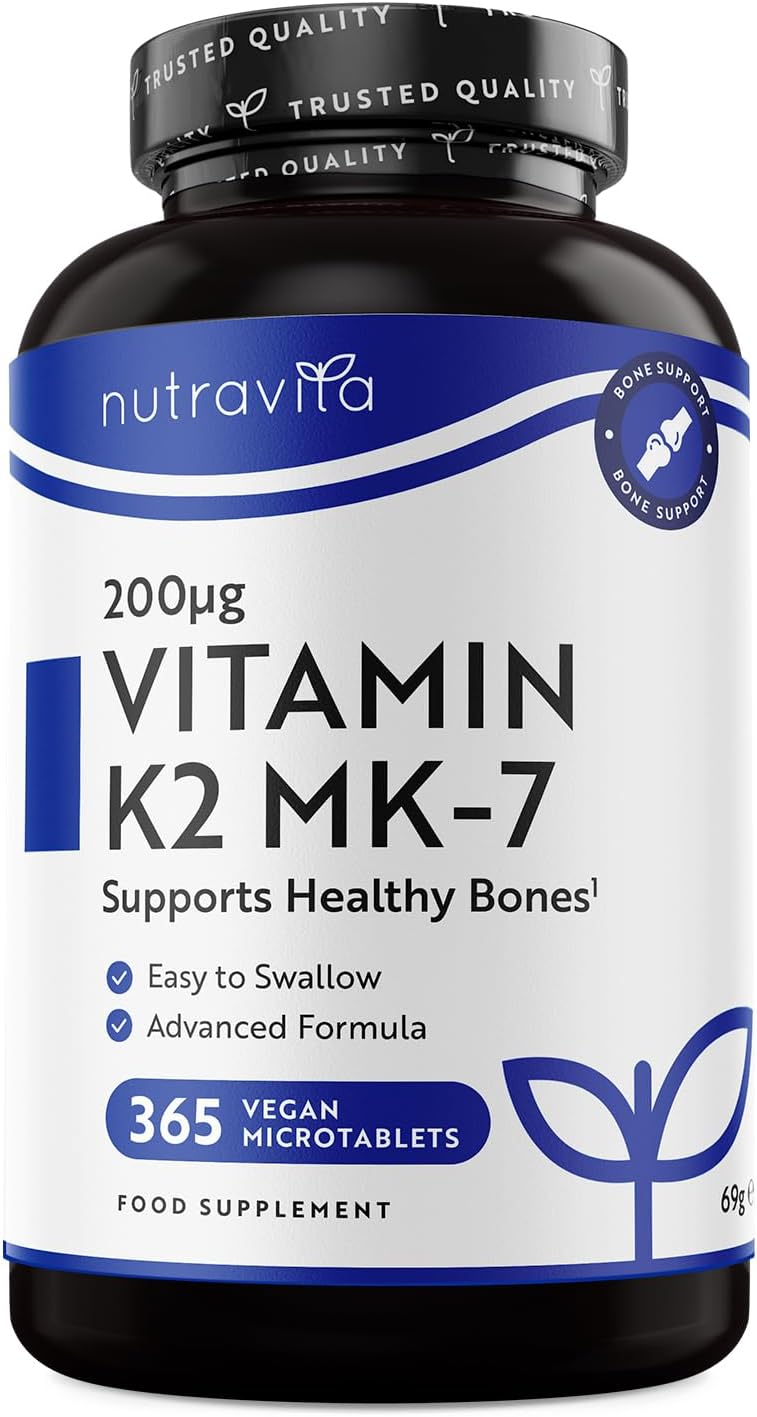 Vitamin K2 MK 7 200mcg - 1 Year Supply - 365 Vegan Micro Tablets (Not Capsules) - Supports Maintenance of Normal Bones - High Strength Menaquinone MK7 - Made in The UK by Nutravita