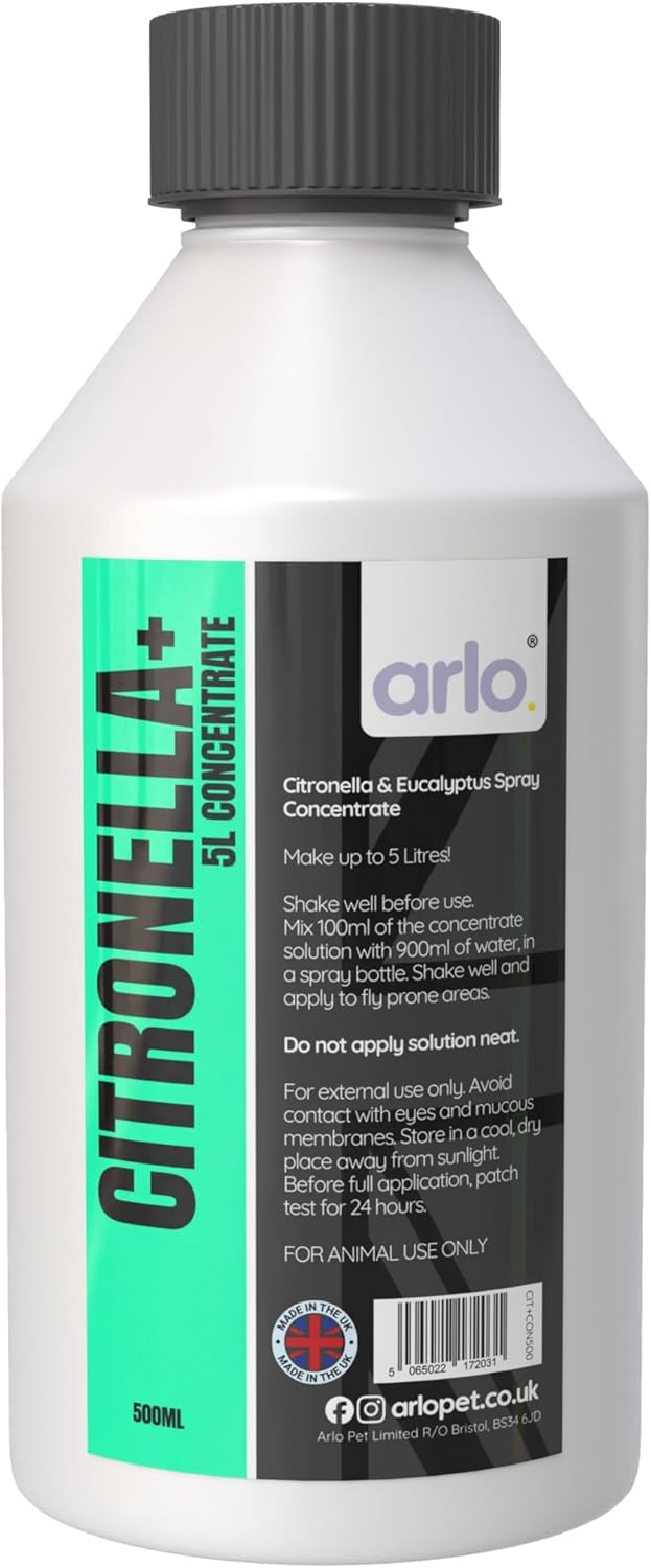 Makes 5L Horse Fly Spray – Citronella+ Concentrate 500ml – Extra-Strong Formula with Citronella & Eucalyptus – Long-Lasting Comfort for Horses