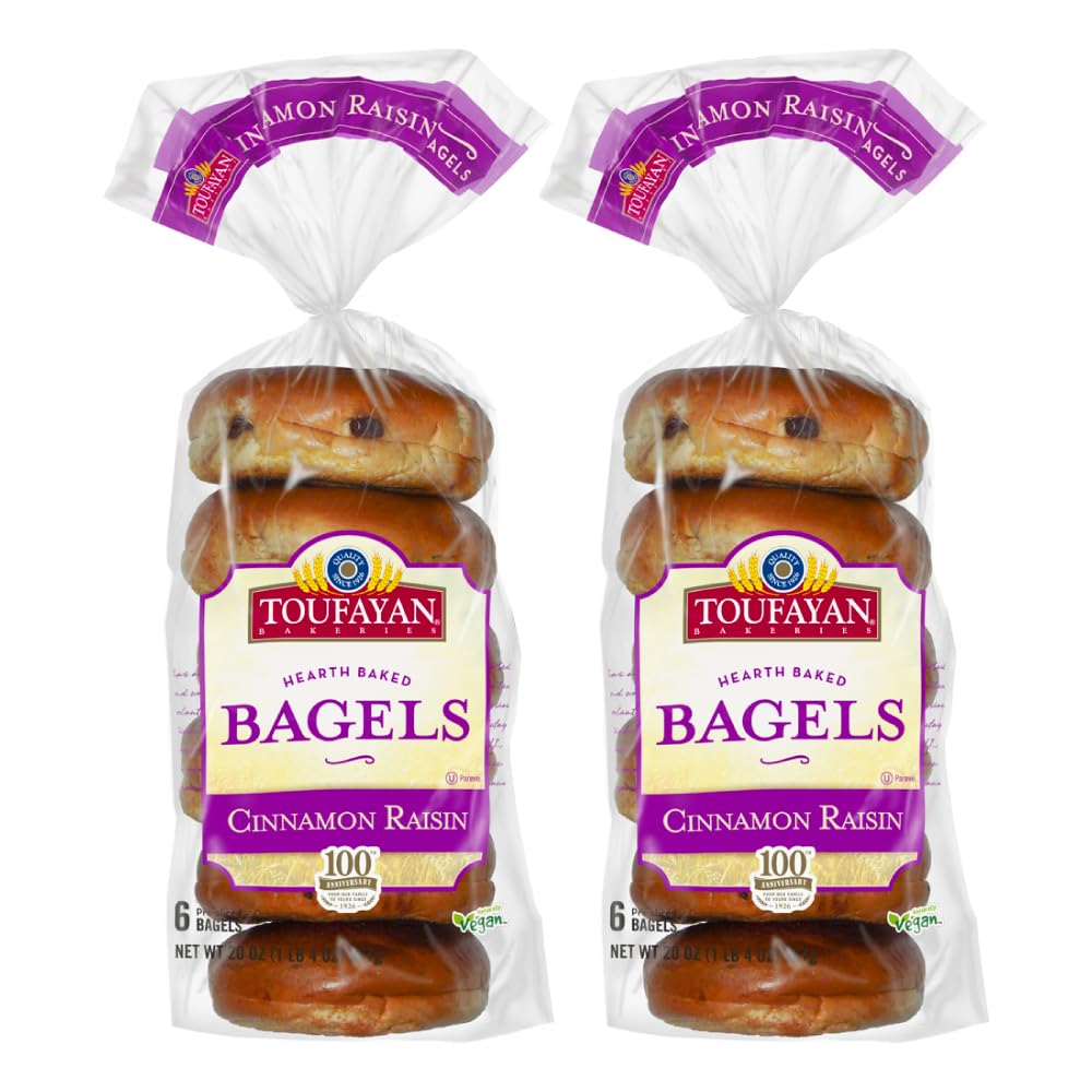 Toufayan Cinnamon Raisin Pre‑Sliced Bagels – Vegan, Kosher, 2 Packs (12 Bagels Total), Soft Texture, Great for Breakfast or Sandwiches