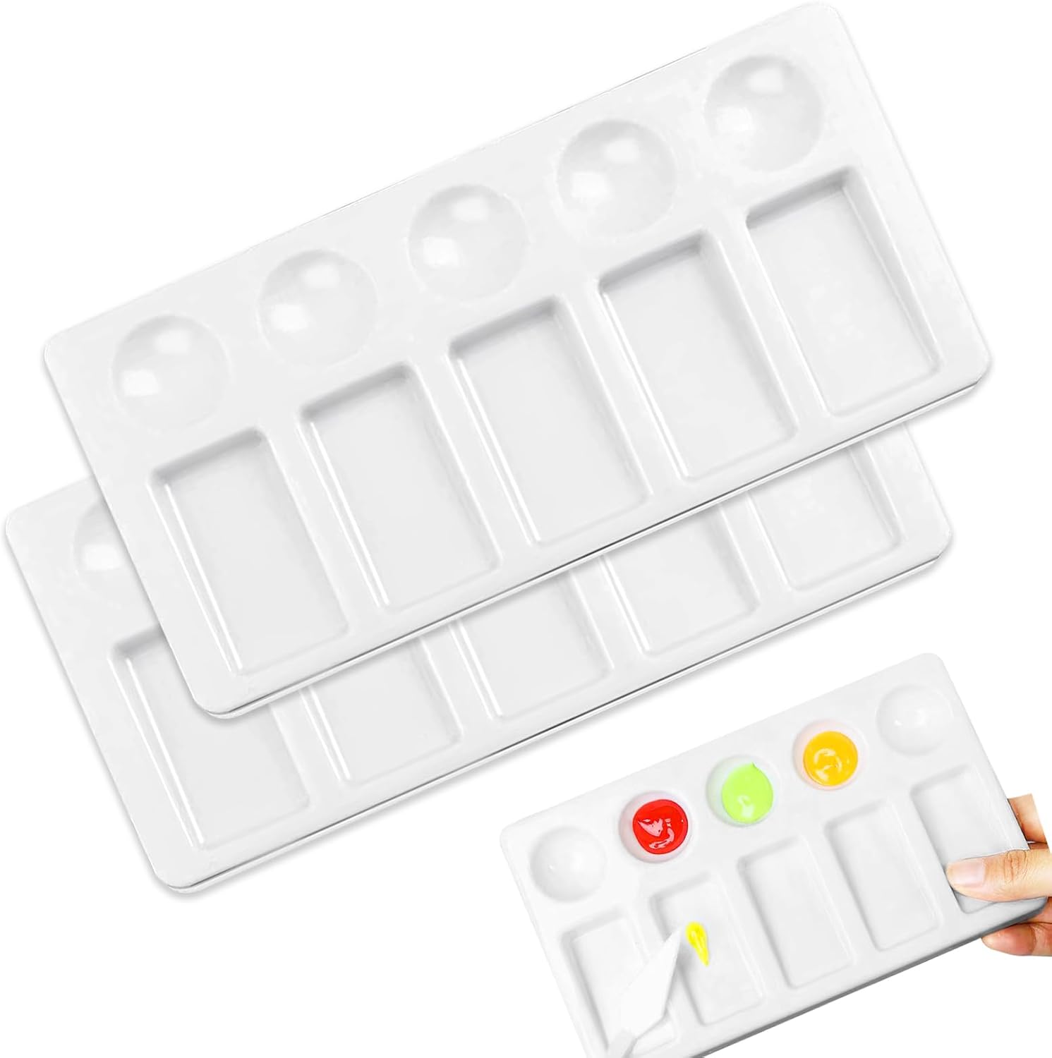 2 Pcs Set Paint Tray Palette Mixing Pallet 10 Well Plastic Round Palette White Round Paint Palette for Artists,Students & Kids Watercolor Acrylic and Oil DIY Craft Professional Art Painting