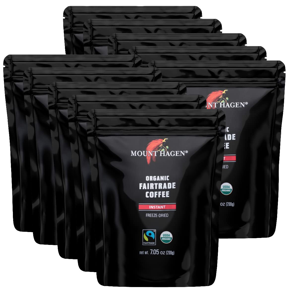 Mount Hagen 7.05oz Organic Freeze Dried Instant Coffee - 10 Pack | Medium Roast Arabica Beans | Eco-friendly, Fair-Trade Instant Coffee in Resealable Pouch Bag [10x7.05oz]