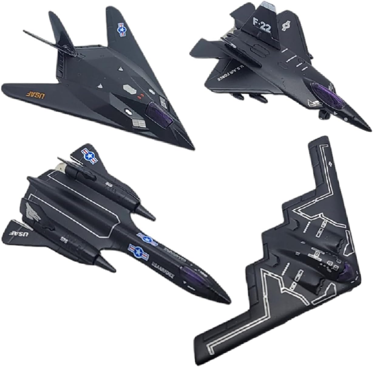Die-Cast Pullback Stealth Bomber Models (4.25"-5.25") SR-71 Blackbird, F-22 Raptor, F-117 Nighthawk, B2 Bomber (4 Pack)