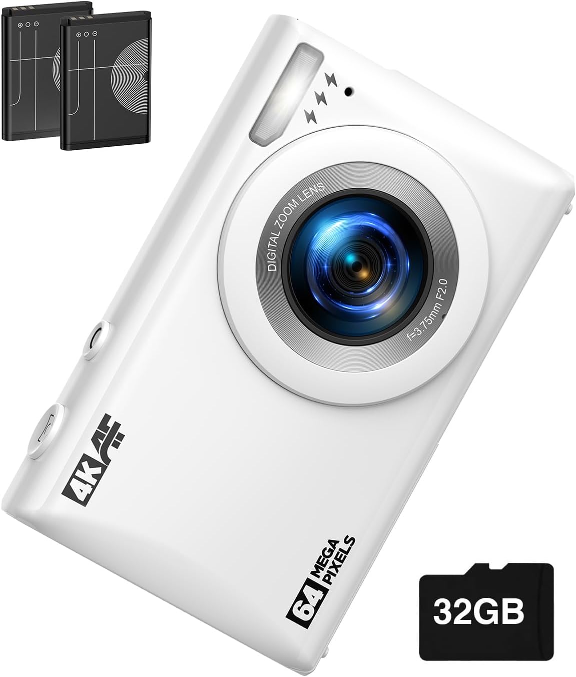 CAMWORLD Digital Camera 4K, Autofocus Portable Travel Cameras with 32G SD Card, 48MP Point and Shoot Digital Camera for Photography with 18X Digital Zoom for Kids Beginners (White)