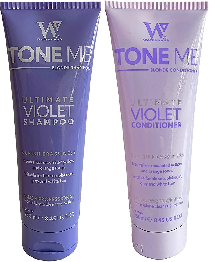 Watermans Purple Shampoo & Purple Conditioner set with Free Makeup Bag, Watermans Life is Better in Blonde set - Remove Yellow tones fast for Blonde, Platinum, White or Grey Hair