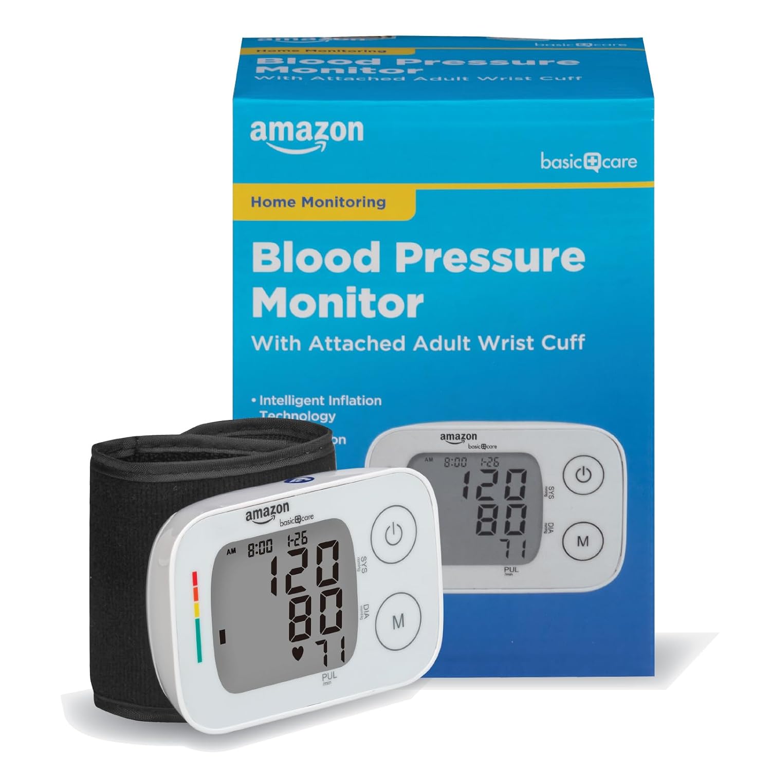 Amazon Basic Care Blood Pressure Monitor, Adult Wrist Cuff with Intelligent Inflation, Large (Previously Healthwise)