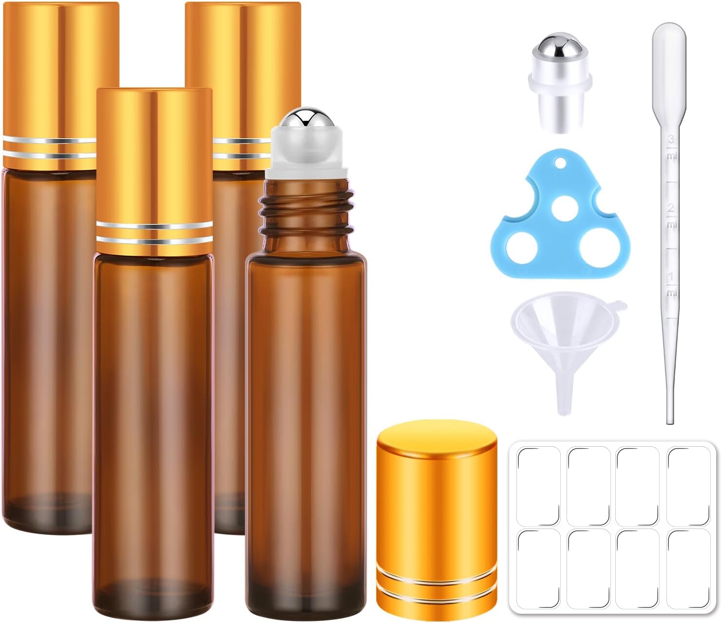 4 Pack, 10 ml Roller Bottles for Essential Oils, Leak-Proof Glass Roller Ball Applicator, Refillable Roll on Bottles with Opener & Labels for Perfume & DIY Skincare