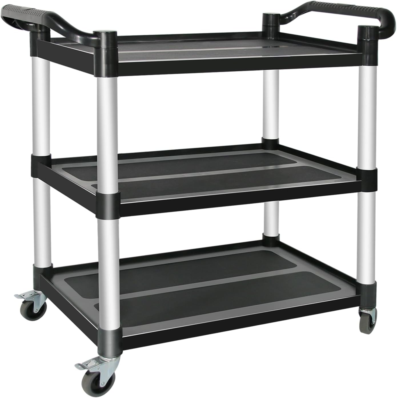 Plastic Utility Carts with Wheels, 3-Tier Restaurant Cart, Heavy Duty Rolling Cart Food Service Cart 420LBS, Bus Cart with Lockable Wheels and Rubber Hammer for Warehouse/Kitchen, Black