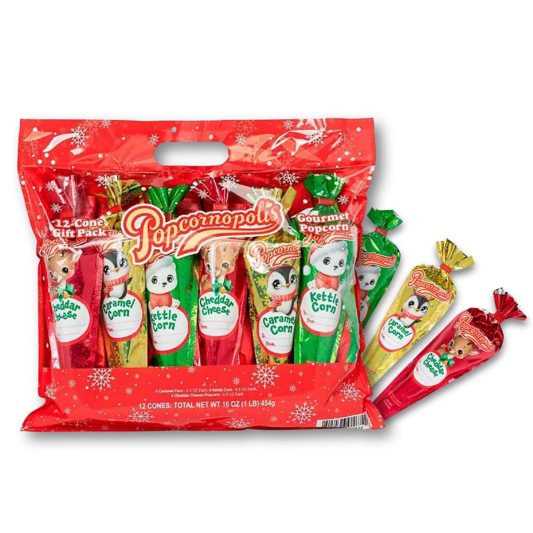 Popcornopolis Gourmet Popcorn 12-Cone Holiday Gift Pack (16oz) - Christmas Popcorn