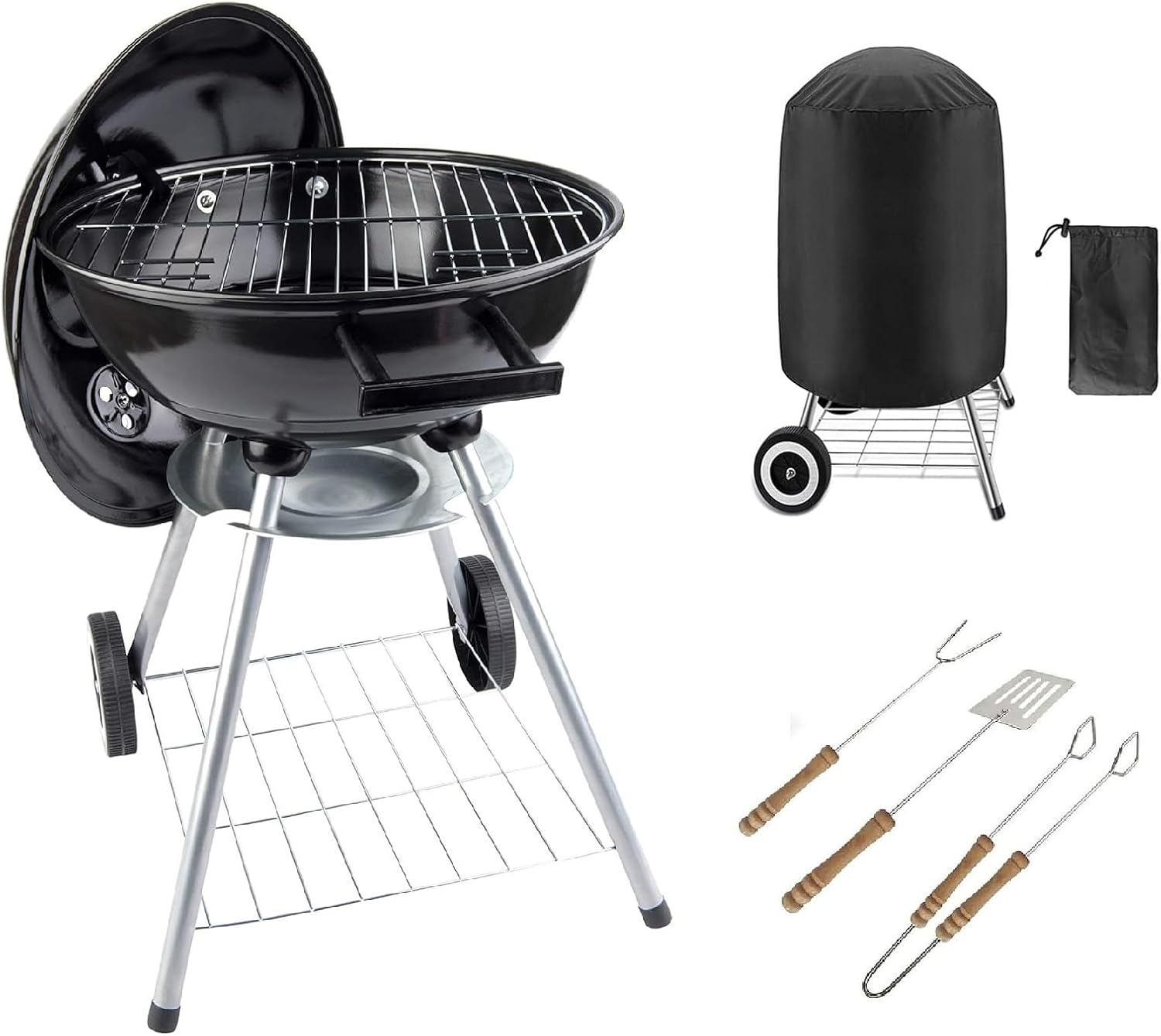 BBQ Grill Patio Portable Charcoal Kettle BBQ Garden Camping Caravan Outdoor Barbecue With Cooking Utensils Tools & Cover heels Stand Ball Rounded Bbq on wheels Black 43.5 cm Stainless Steel