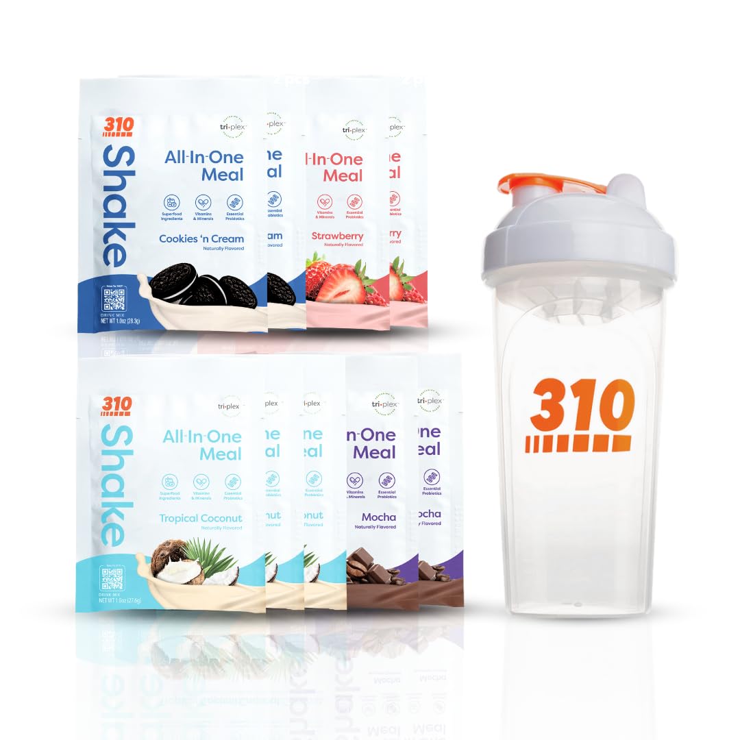 310 Nutrition – All-In-One Meal Replacement Shake Starter Kit - Fiber Rich Vegan Superfood Blend - Natural Sweeteners - Low Carb Shake, Keto & Paleo Friendly - Gluten Free - 26 Essential Vitamins & Minerals – 3 Flavors with Shaker Cup