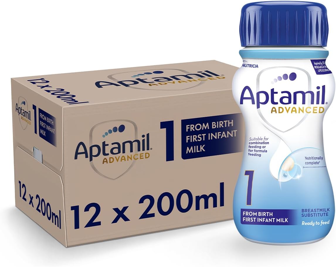 Aptamil Advanced 1 First Infant Baby Milk Ready to Use Liquid Formula, from Birth, 200ml (Pack of 12)