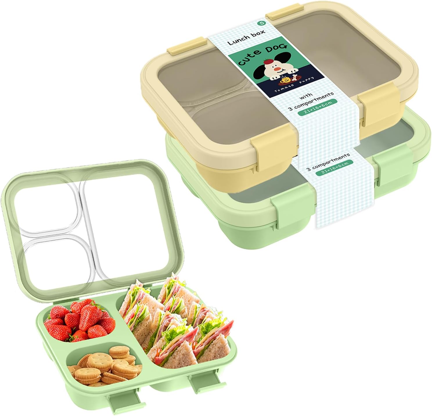 Bento Box, Lunch Box with Lids, 3-Compartment Meal Prep Containers Reusable, Leakproof & Stackable, Food Storage Containers for Office, Travel (Yellow & green) 2pcs