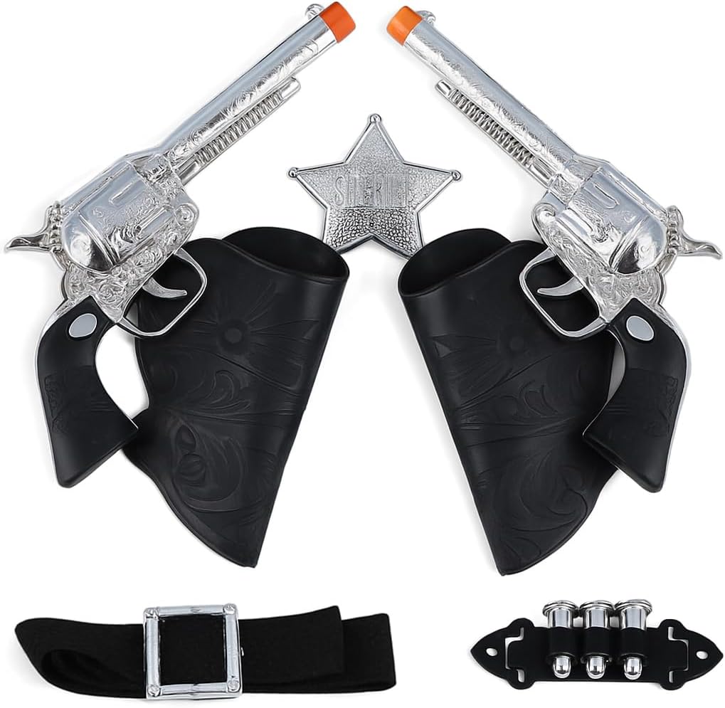Western Wild West Cowboy Sheriff 7-Piece Accessory Set with 2x Toy Gun with Holster + Belt + Bullets + Badge, Cowboy Cowgirl Pretend Role Play Theme Party Fancy Dress Playset