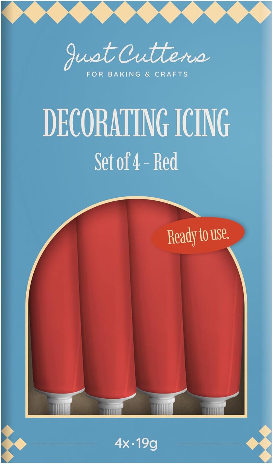 JUST CUTTERS Pack of 4 x 19g Writing Icing Tubes | Ready To Use | Instant Icing Pens for Writing, Drawing & Personalising Cakes, Biscuits & Baking (Red)
