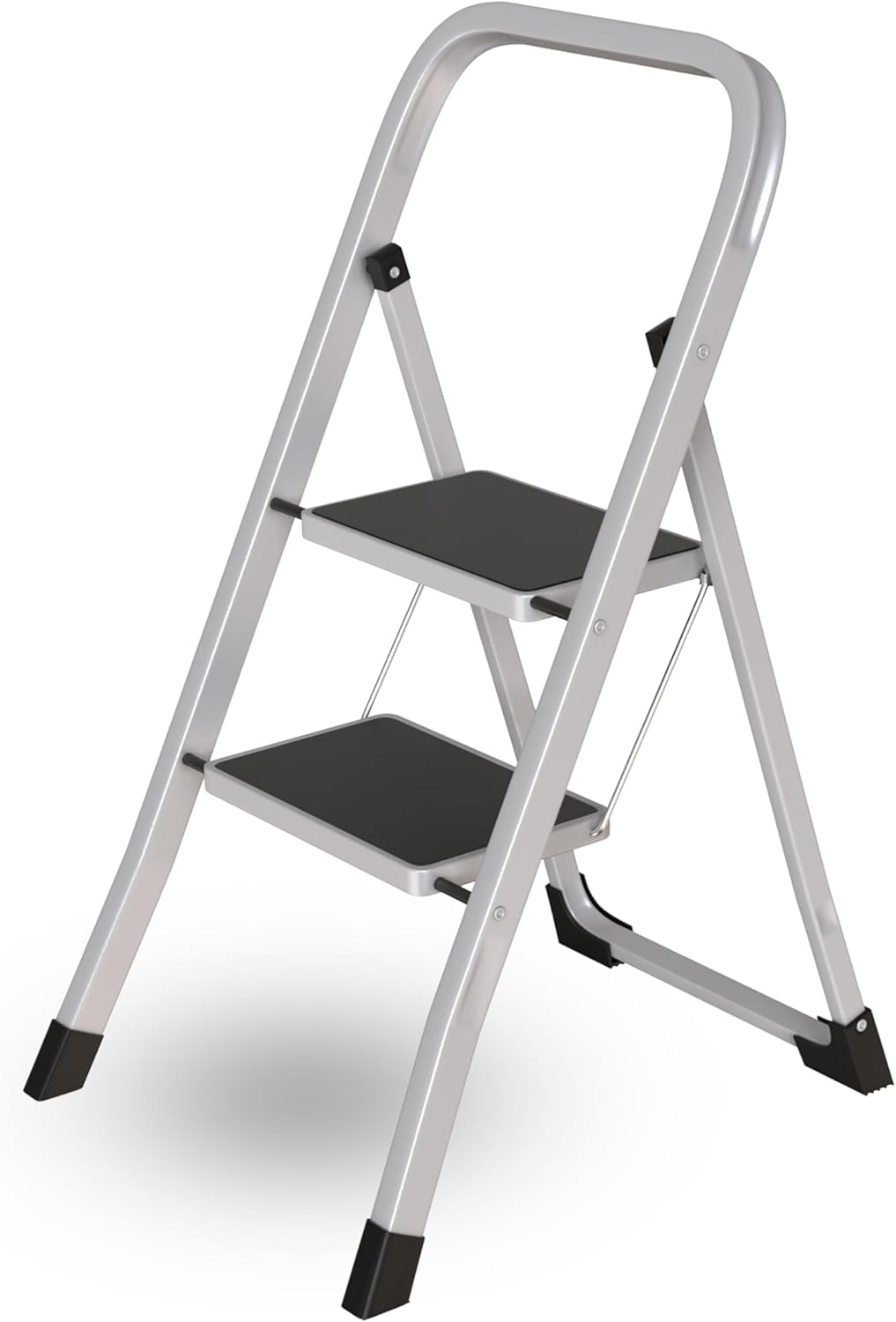 2 Step Ladder | Portable Folding Ladders | Lightweight Sturdy Steel Ladder | Anti Slip Feet | Non-Slip Safety Treads | Easy to Store Step Stool | DIY Gardening Kitchen Garage Grey