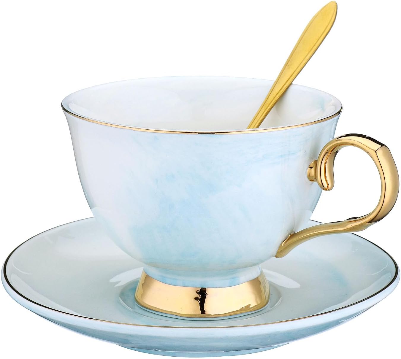 XUDREZ Porcelain Tea Cup Coffee Mug Set for Morning Tea - with Coffee Cup + Saucer + Teaspoon, 200ml (Blue)