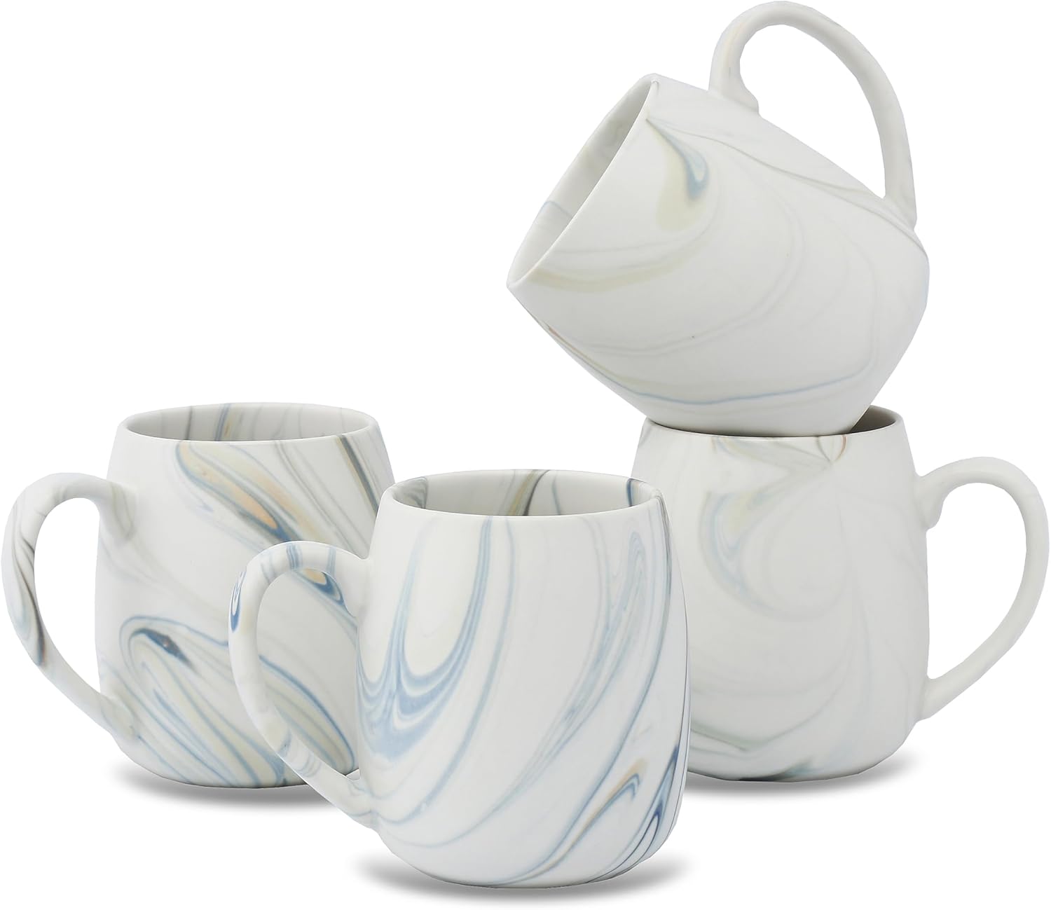 Lorren Home Trends Marble Swirl Pattern Stoneware Coffee Mugs, Matte Blue and Brown Swirls, Set of 4