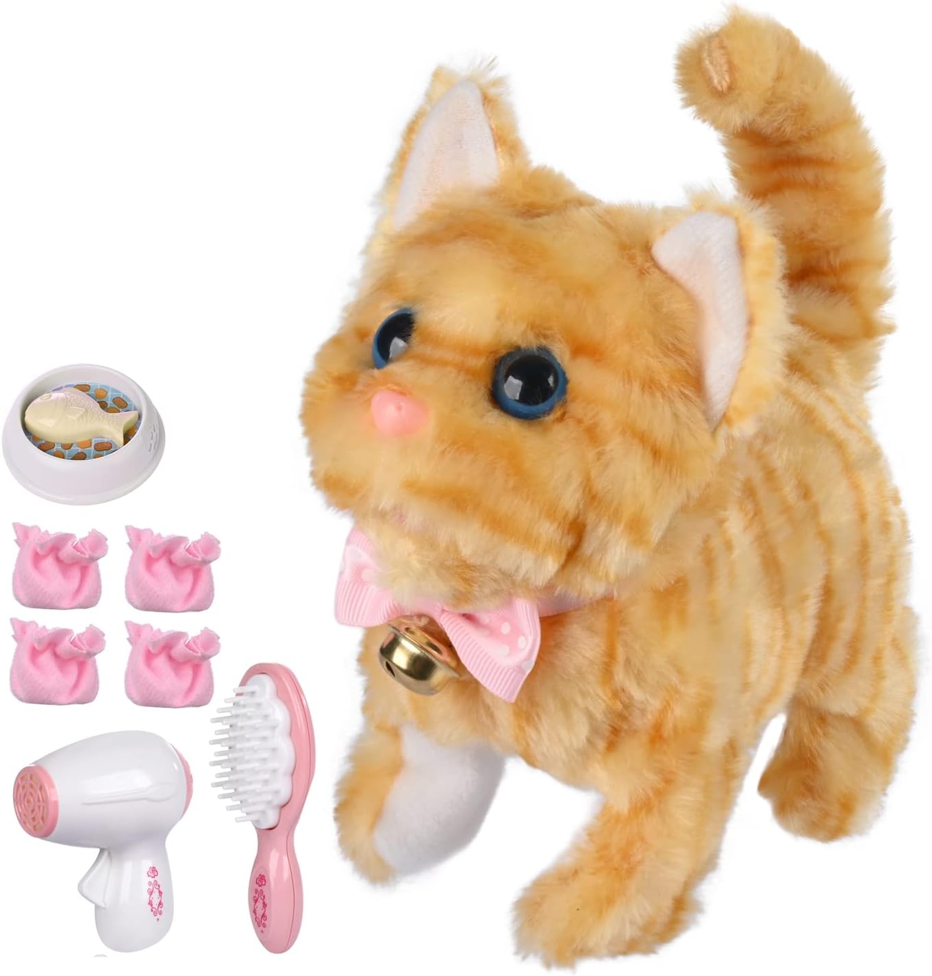 WorWoder Electronic Plush Interactive Cats for Kids That Move and Meow Waliking Lifelike Interactive Toy pet Stuffed Kitten for Girls Kids (Yellow Stripes)