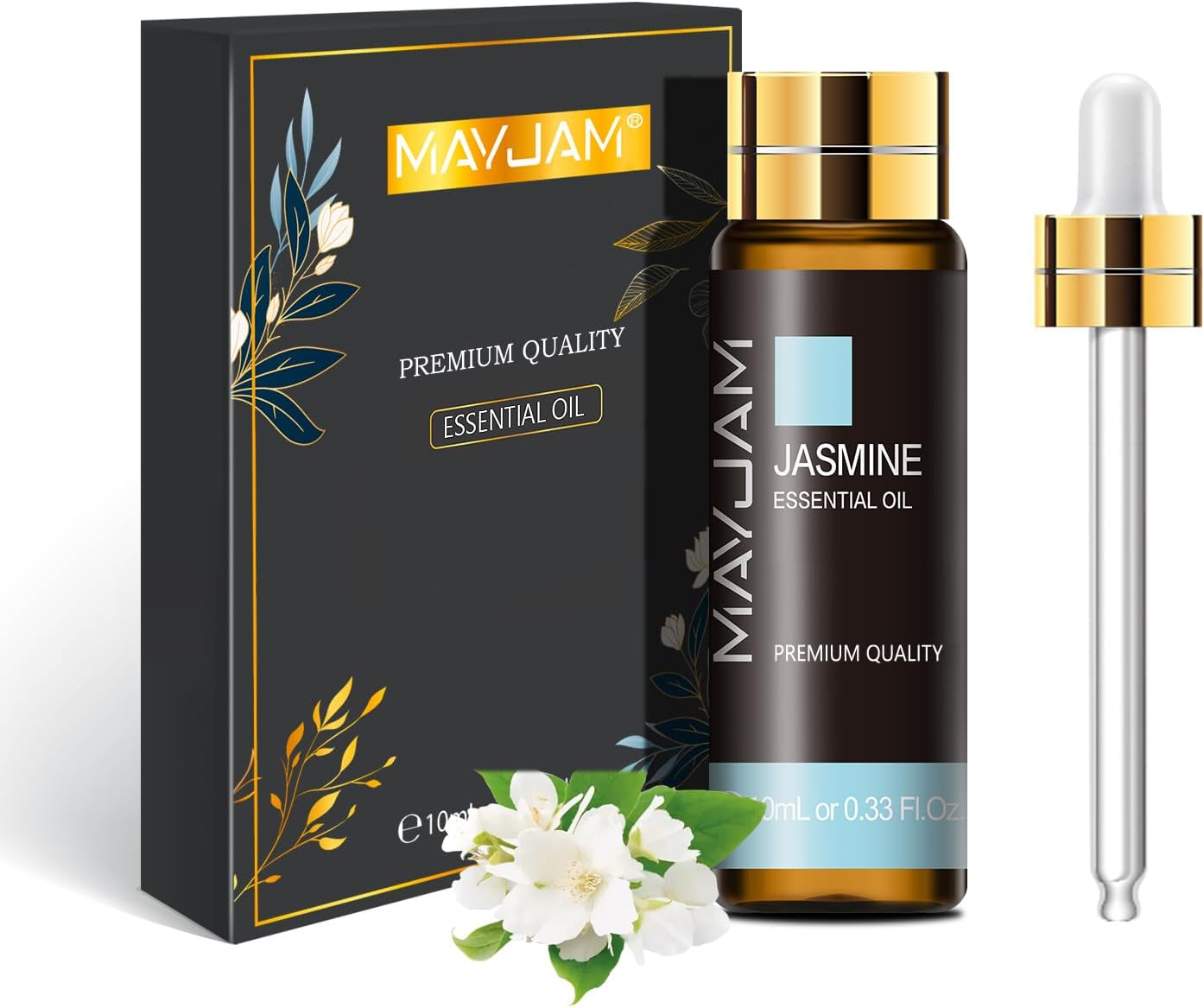 MAYJAM Jasmine Essential Oil 10ML - Pure, Undiluted - Premium Quality Essential Oils with Glass Dropper - for Diffuser and DIY Candle Making