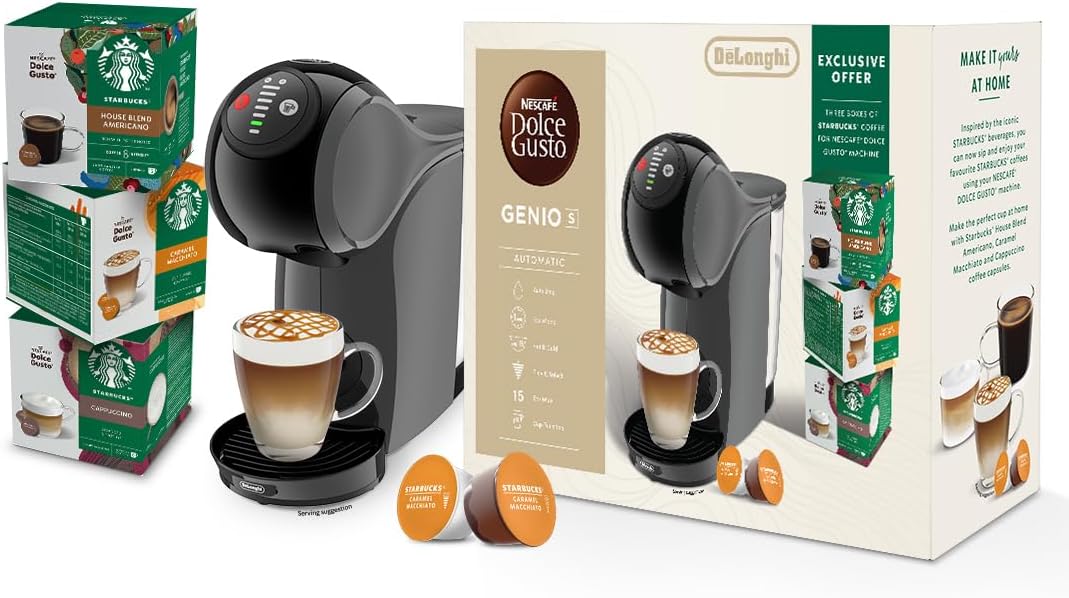 Dolce Gusto by De'Longhi Genio S EDG226.A, Capsule Coffee Machine, Pod Coffee Maker with Compact Design, Removable Water Tank 0.8L, Bundle Pack with 24 Capsules Starbucks Flavours Coffee, Anthracite