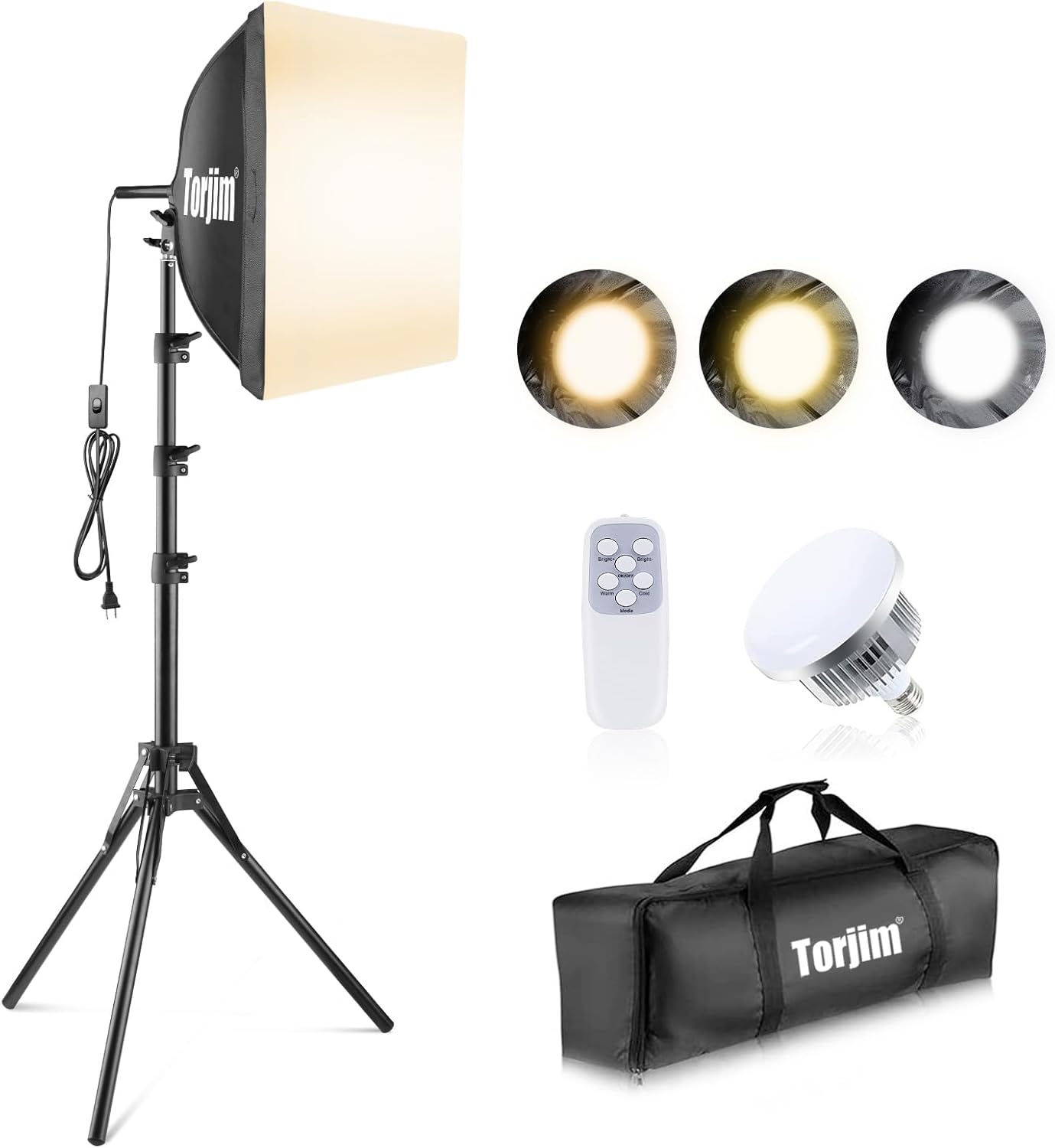 Torjim Softbox Photography Lighting Kit, 16'' x 16'' Professional Softbox Lighting Kit with 85W 3000-7500K LED Bulbs, Studio Lights for Photography/Video Recording/Live Streaming/Portraits Shooting