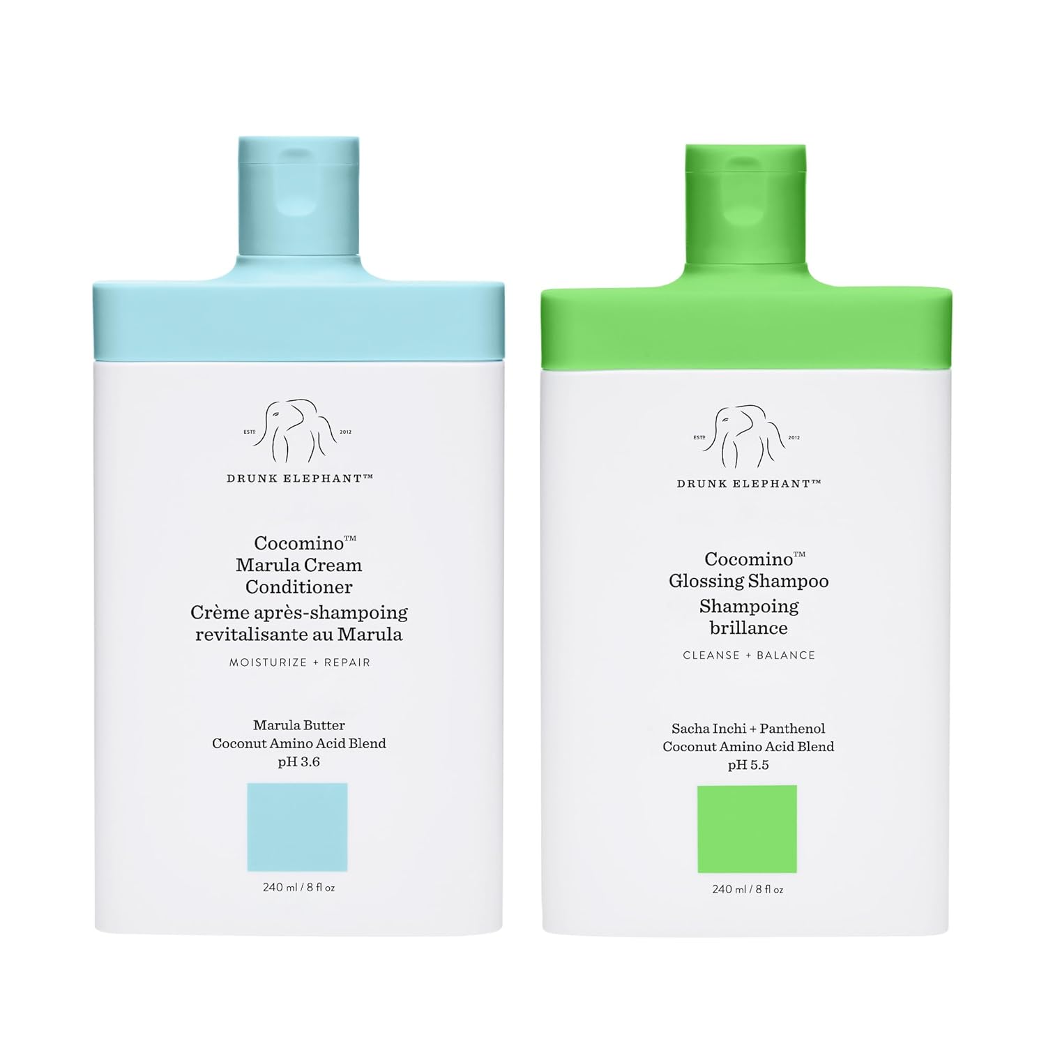 Drunk Elephant Cocomino Glossing Shampoo and Marula Cream Conditioner, Scalp Friendly Gentle Shampoo and Nourishing Conditioner for Hair - 8 Fl Oz (Set of 2)