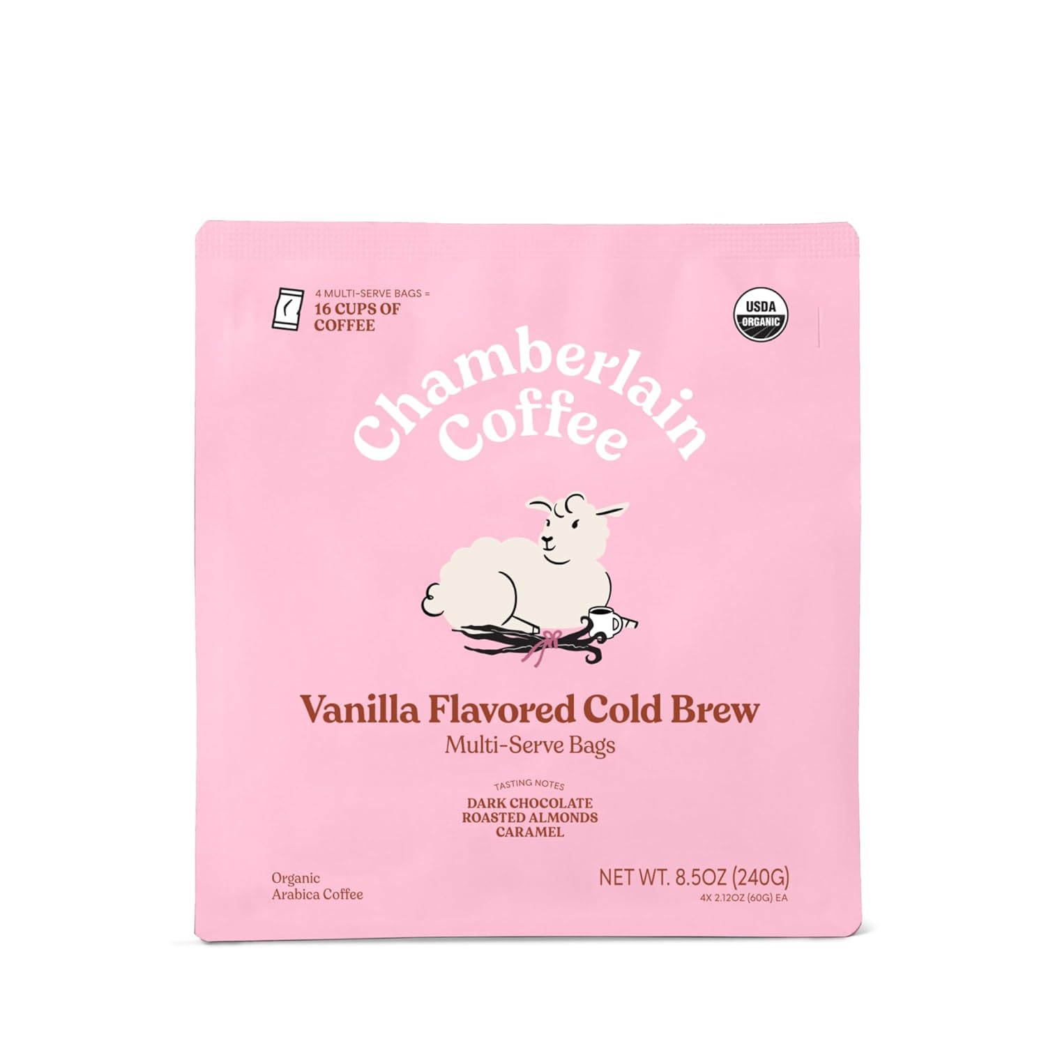 Chamberlain Coffee Fluffy Lamb Vanilla XL Cold Brew Bags - Premeasured, Ready to Brew Coffee Packs - Contains 4 XL Cold Brew Bags, Makes 4 Cups of Coffee Per Bag - 8.5 Oz
