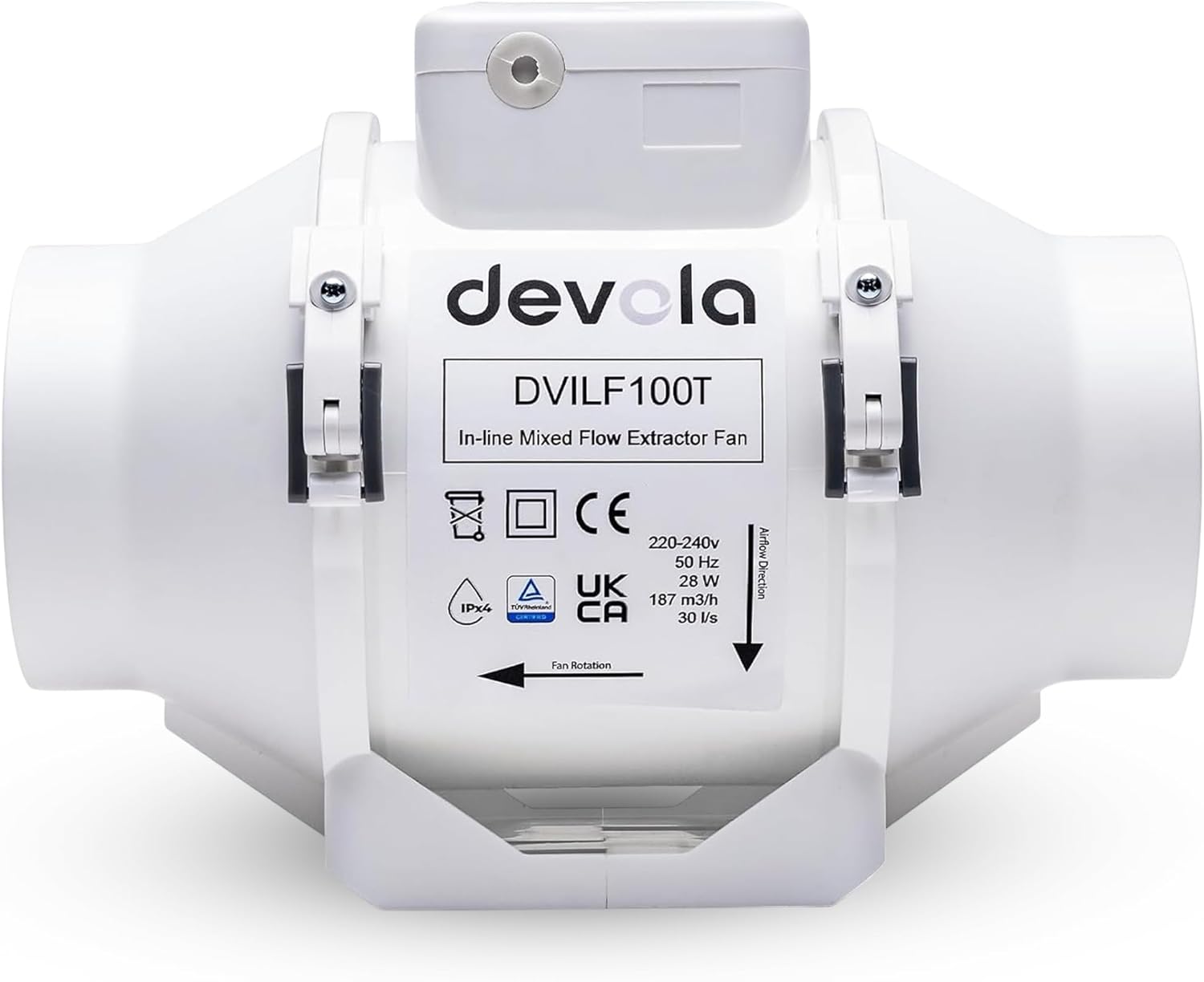Devola Inline Mixed Flow 100 mm Bathroom Fan, 4 Inch Extractor Fan With Timer For Kitchen & Bathroom, Made in Britain