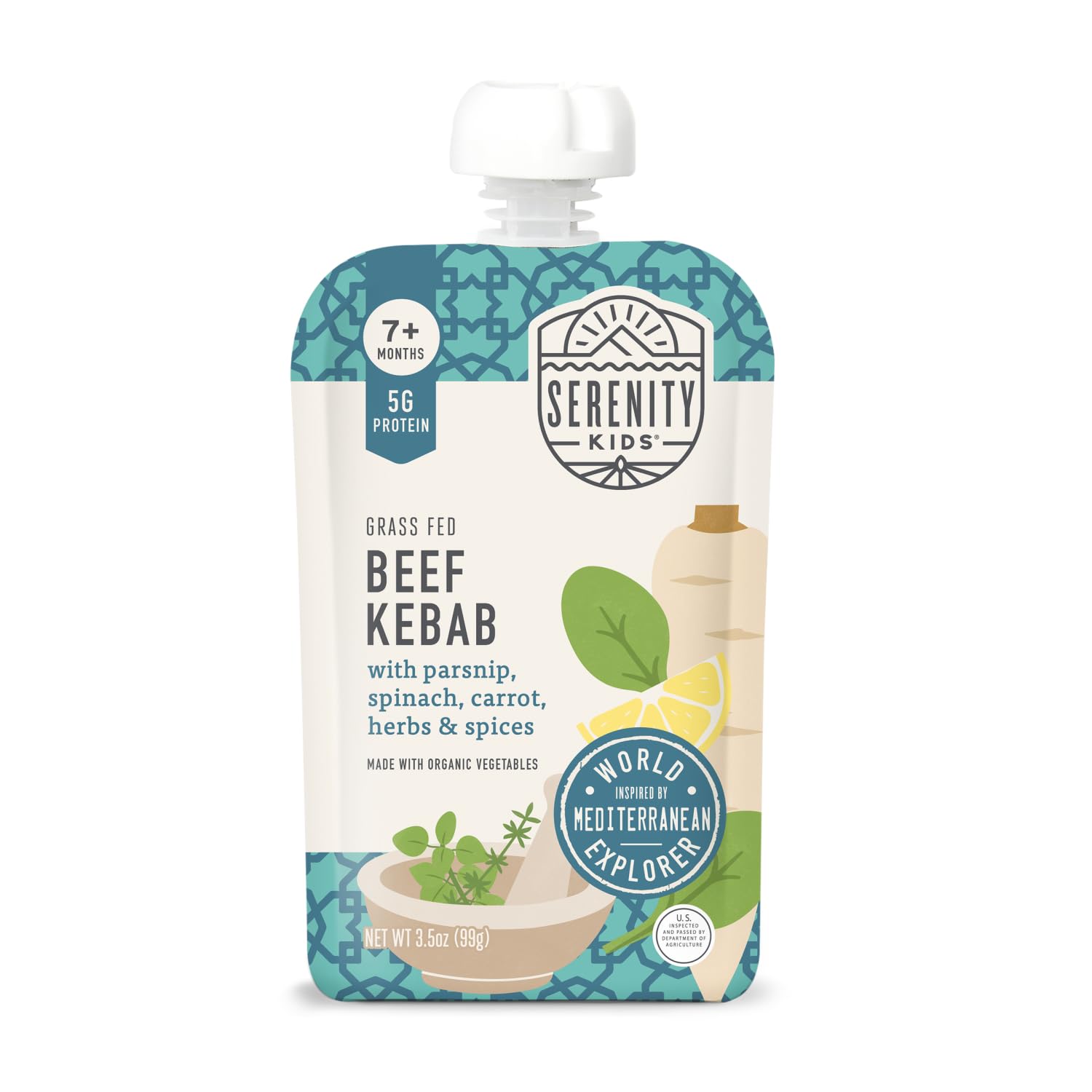 Serenity Kids 7+ Months World Explorers Baby Food Pouches Puree Made With Ethically Sourced Meats & Organic Veggies | 3.5 Ounce BPA-Free Pouch | Beef Kebab | 1 Count