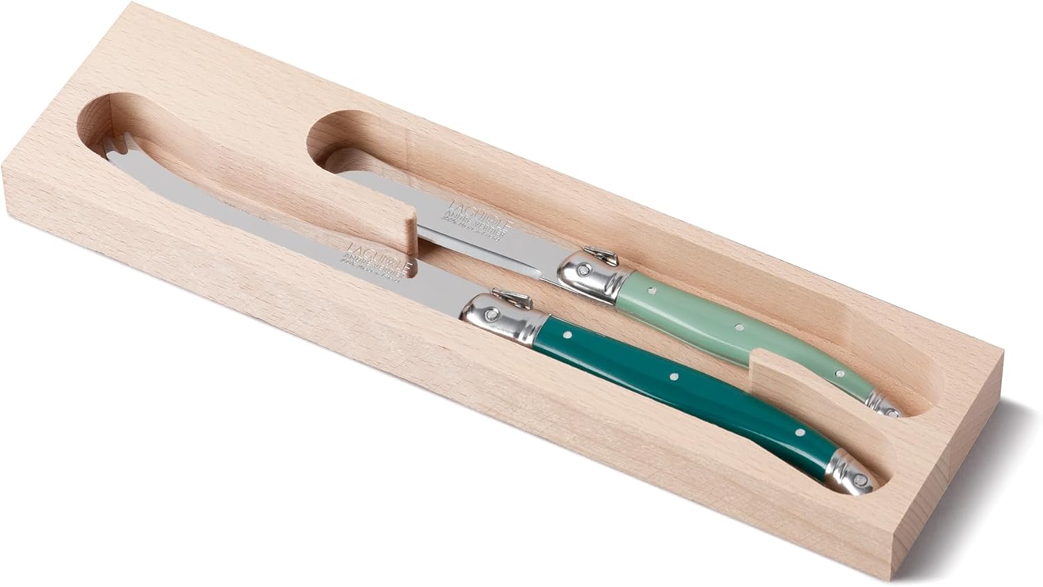 Andre Verdier Laguiole 2 Piece Cheese Knife Set in Wooden Tray - Forest Green
