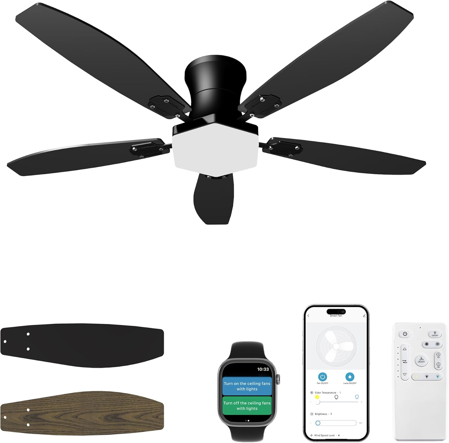 Ceiling Fan with Lights and Remote Control,42 Inch Low Profile Flush Mount, Black Ceiling Fan with Quiet Reversible Motor, 3CCT Dimmable LED, Modern Ceiling Fans for Bedroom, Indoor, Outdoor