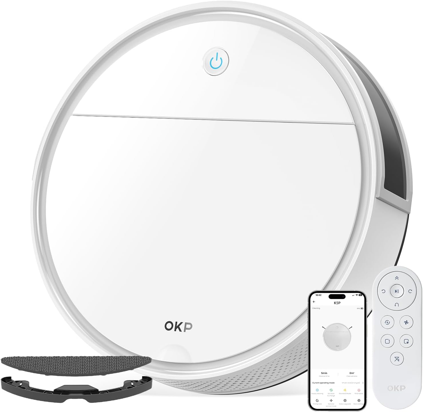 OKP Robot Vacuum Cleaner, 5000Pa, 180 Minutes, WiFi/APP/Alexa, Slim Design, Self-Charging, Silent, Perfect for Hard Floors, Pet Hair, K5 Pro