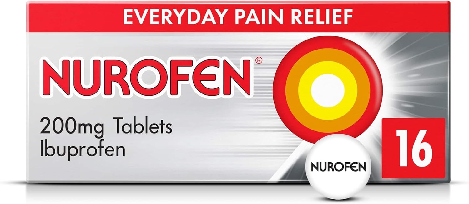 Nurofen Ibuprofen 200mg Tablets, 16 Caplets for Headache, Migraine, Back Pain, Cold & Flu Relief, 8-Hour Painkiller, Over-The-Counter Medication