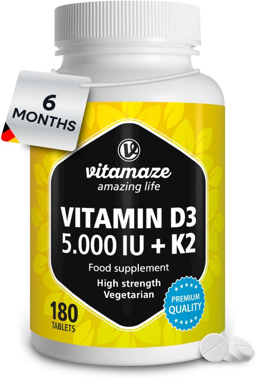 Vitamin D3 K2 5.000 IU & 100ug (MK7) 180 High Strength Vitamin D3 K2 Tablets for 6 Months Supply of Vitamin D3 and K2 for Bone, Teeth, Muscle Function & Immune System. German Quality. Vitamaze®