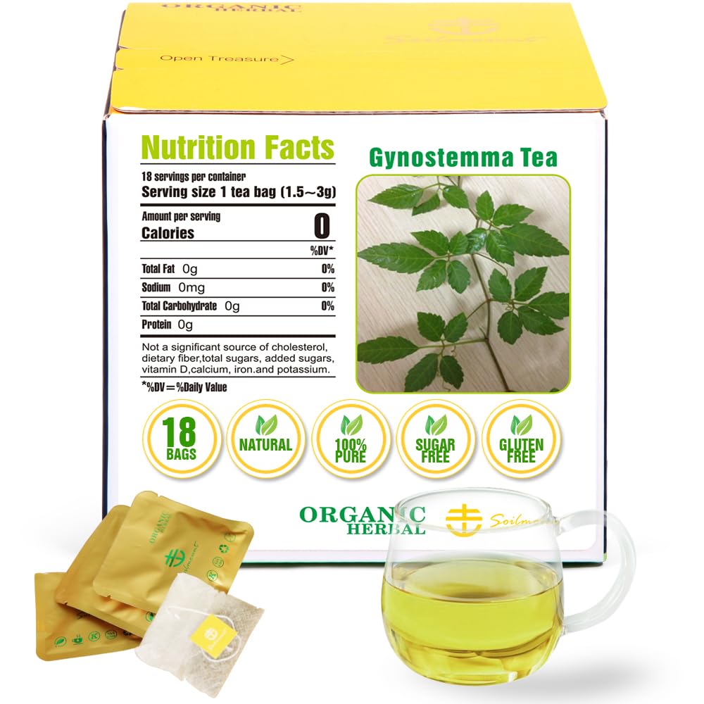 Soilmount Wild Organic Gynostemma Tea Bags (18 Tea Bags/Box) - Caffeine-Free Herbal Drink, Antioxidant, Relaxing & Energizing, Daily Wellness Tea, Refreshing & Healthy Gynostemma Tea