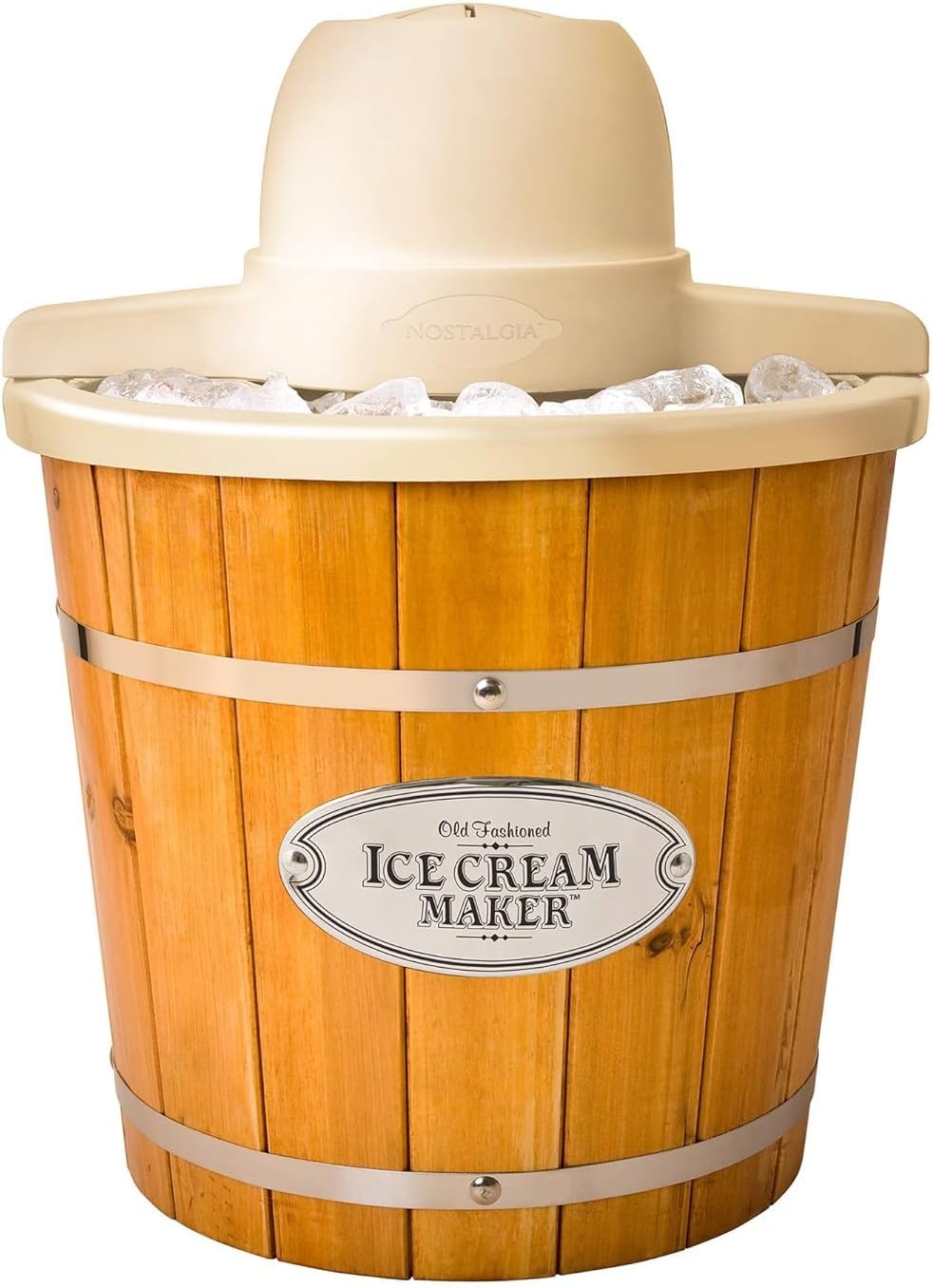 Nostalgia Electric Ice Cream Maker With 4 Qt Capacity- Old Fashioned Ice Cream Machine Makes Frozen Yogurt or Gelato in Minutes- Vintage Wooden Style Ice Cream Maker with Aluminum Canister- Light Wood