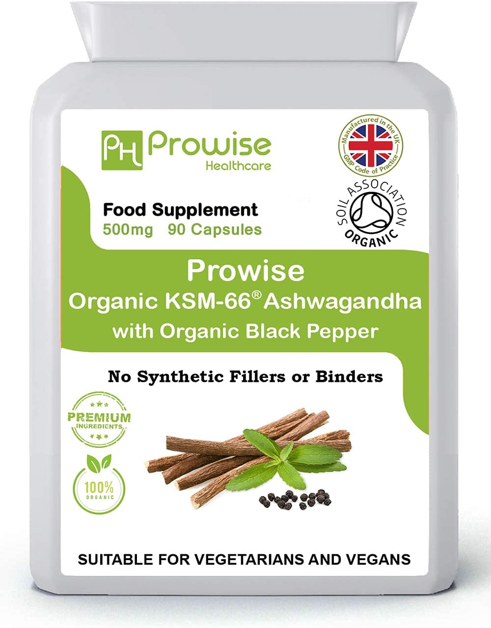 Organic Ashwagandha KSM-66® with 5% Withanolides 90 Vegan Capsules Added with Black Pepper | High Strength Certified Organic by Soil Association | UK Made by Prowise Healthcare