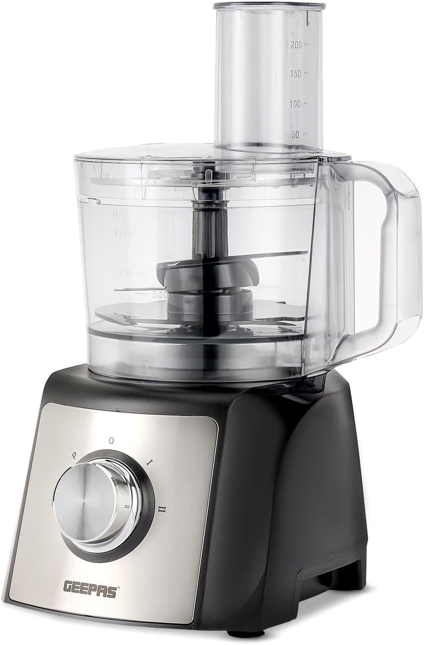 Geepas 1200W Compact Food Processor | Multifunctional Electric Food Mixer with Chopper Knead Dough Shredder Slicing Grating & Emulsifying disc, 2 Speed with Pulse | 1.5L Mixing Bowl | 2 Years Warranty