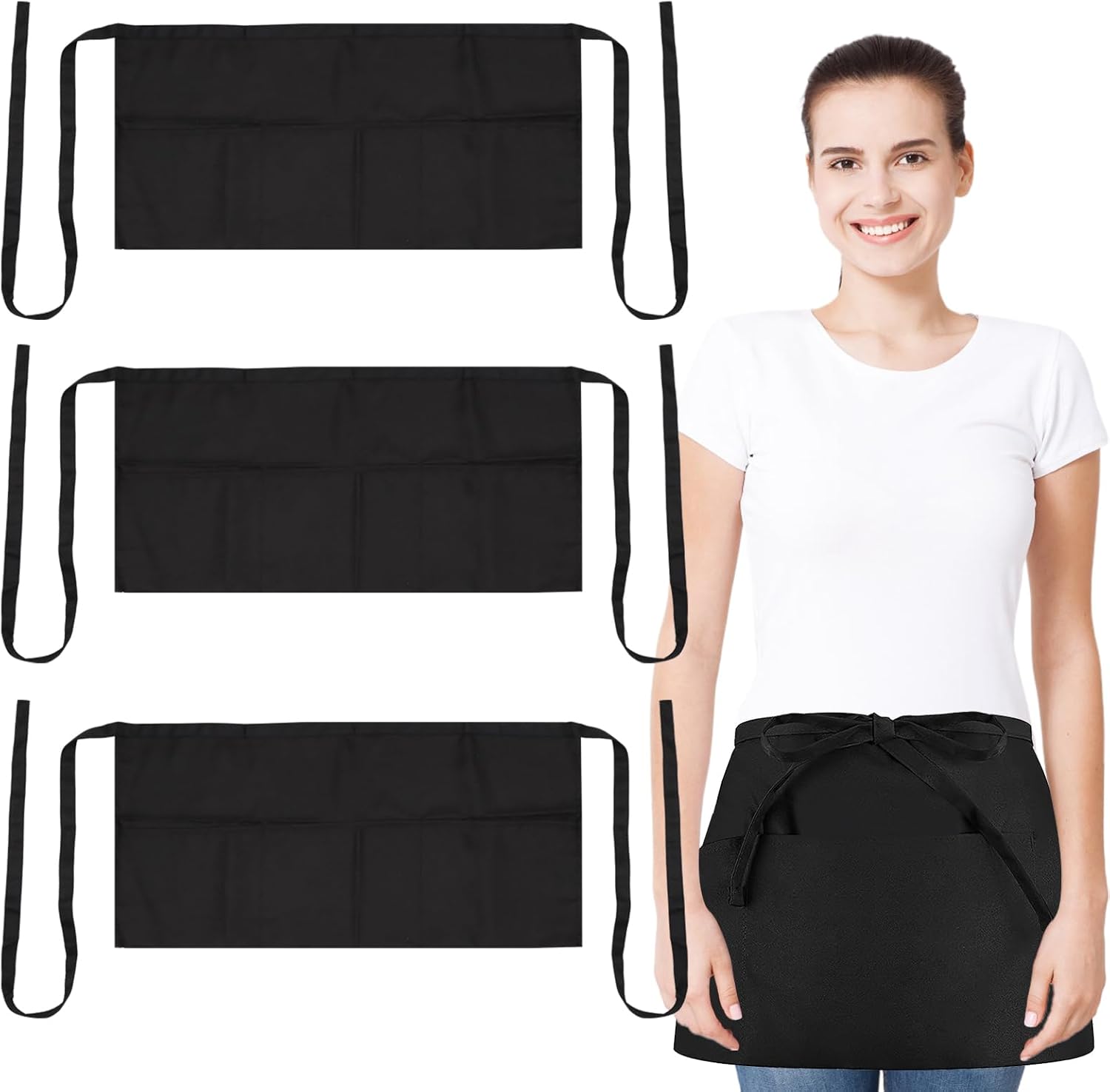 ZOCONE 3 Pack Black Waitress Apron with 3 Pockets, Short Waist Half Apron 60x30 cm Black Aprons Catering Waist Apron with Pockets for Cleaning Cooking Baking Waiter Chef-Unisex