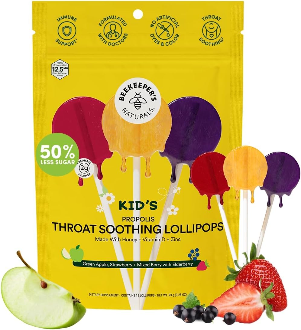 Kids Throat Soothing Lollipops by Beekeeper's Naturals - Doctor Formulated Immune Support, Vitamin D & Honey, Under 2g Sugar, Clean Ingredients,15 ct