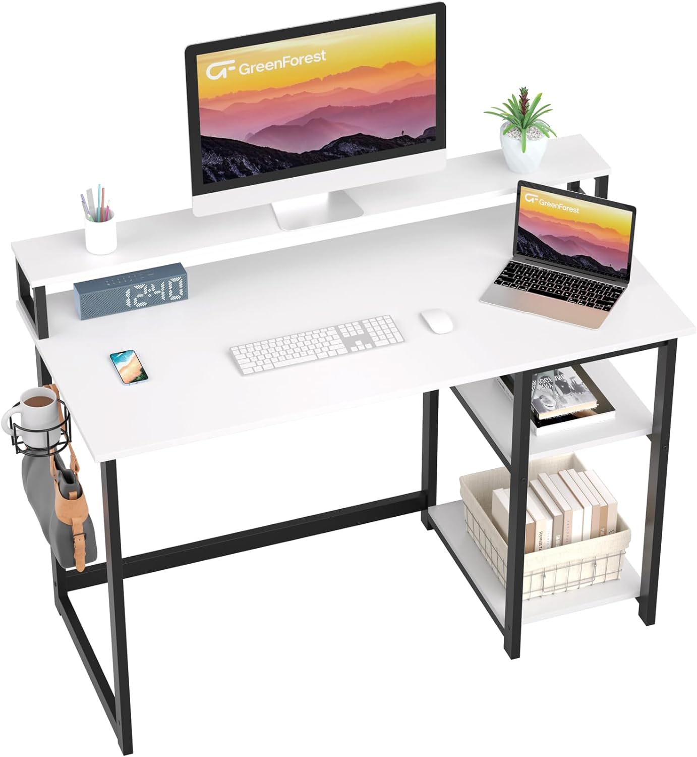 GreenForest Computer Desk with Full Monitor Stand,100 cm Home Office Desk with Reversible Storage Shelves,Small Study Desk with Headphone Hook and Cup Holder,White