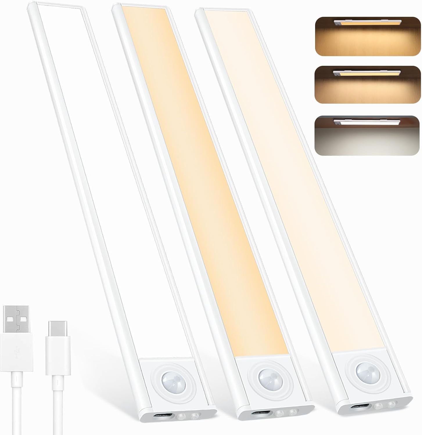 Under Cabinet Kitchen Lights (30cm), 58 LED Wireless Motion Sensor Cupboard Lights Indoor USB Rechargeable, 3 Color Temperature Dimmable Wardrobe Lighting for Stairs, Closet, Hallway, 3 Pack