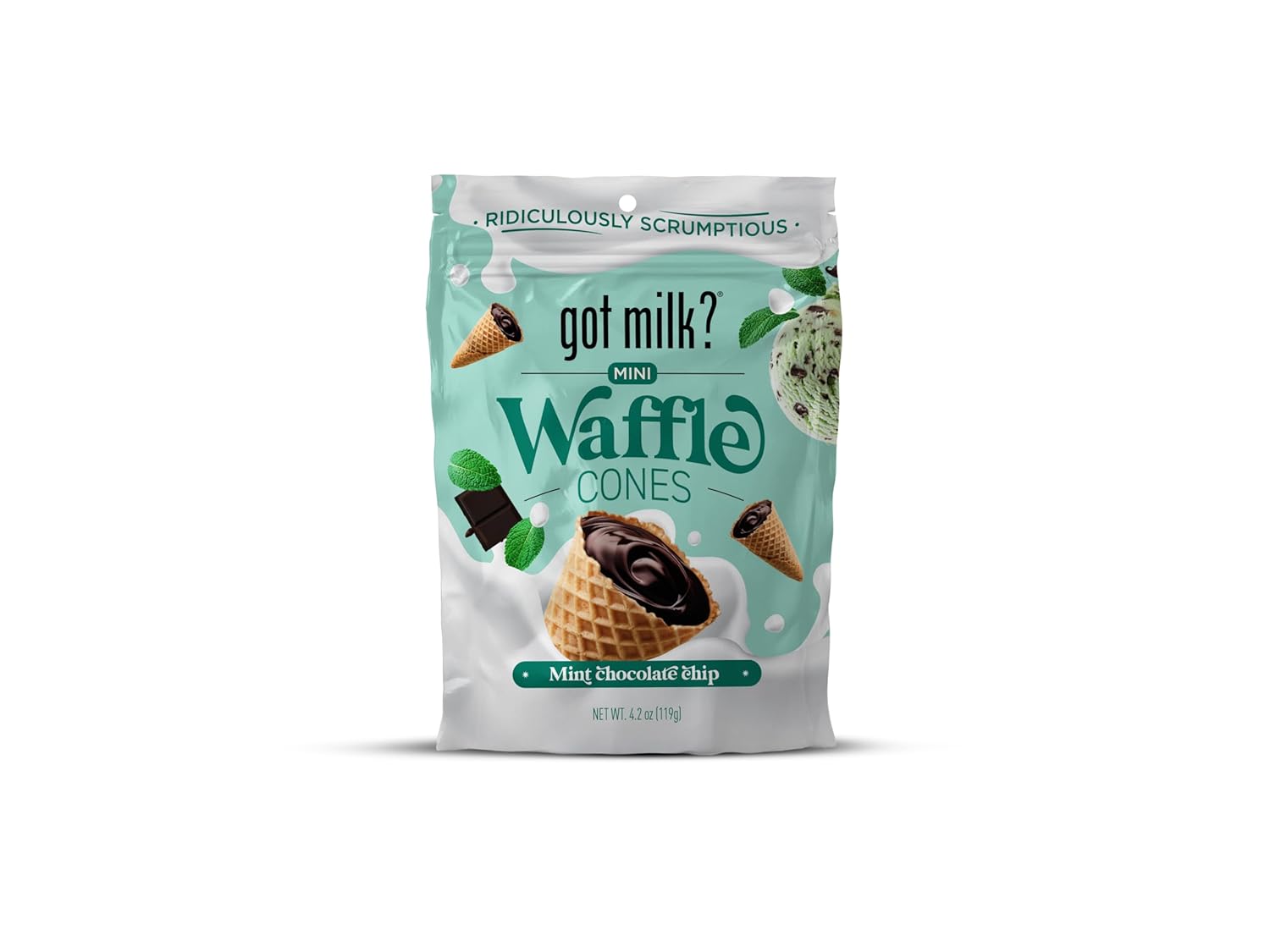 got milk? Mini Waffle Cones, Mint Chocolate Chip, 4.24 Oz. / 119g Resealable Bag, Delicious Mint Chocolate Filled Waffle Cone Bites, Mini Ice Cream Cones for Dessert or Snack, Retail Pack