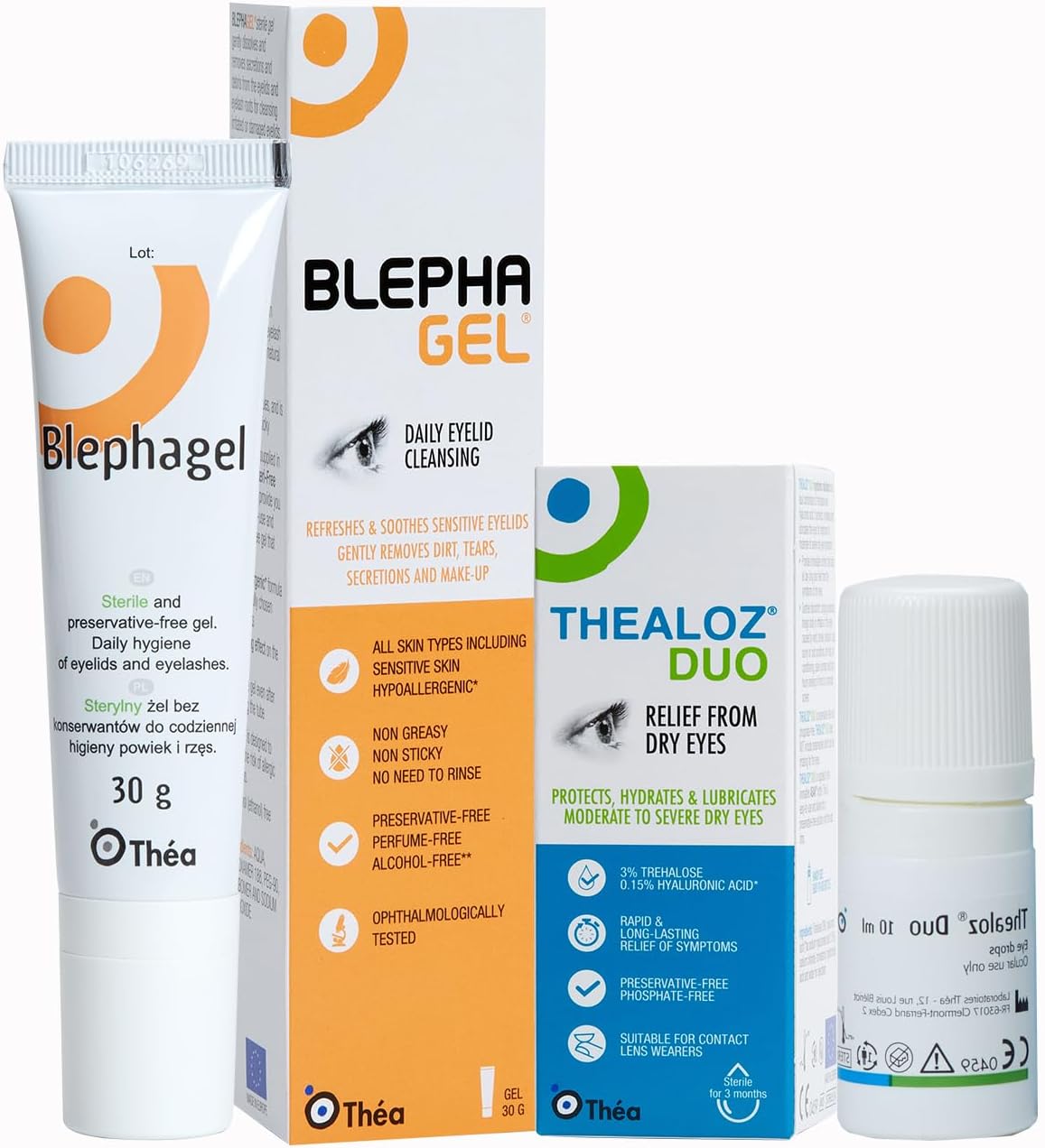 Dry Eye and Eye Cleansing Bundle for Sensitive Eyes - Thealoz Duo Eye Drops for Long Lasting Relief, 10 ml & Blephagel Eyelid Cleansing Gel, Gentle Formula to Refresh Sensitive Eyelids, 30g