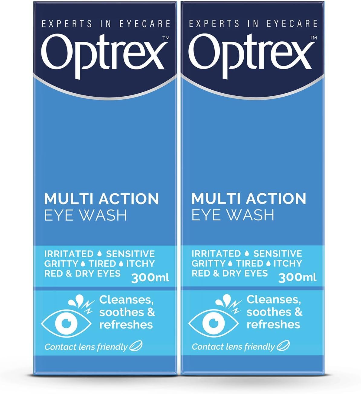 Optrex Multi-Action Eye Wash Solution, Suitable for Tired, Uncomfortable, Irritated Eyes, 300ml Optrex Eye Wash Solution (Pack of 2)