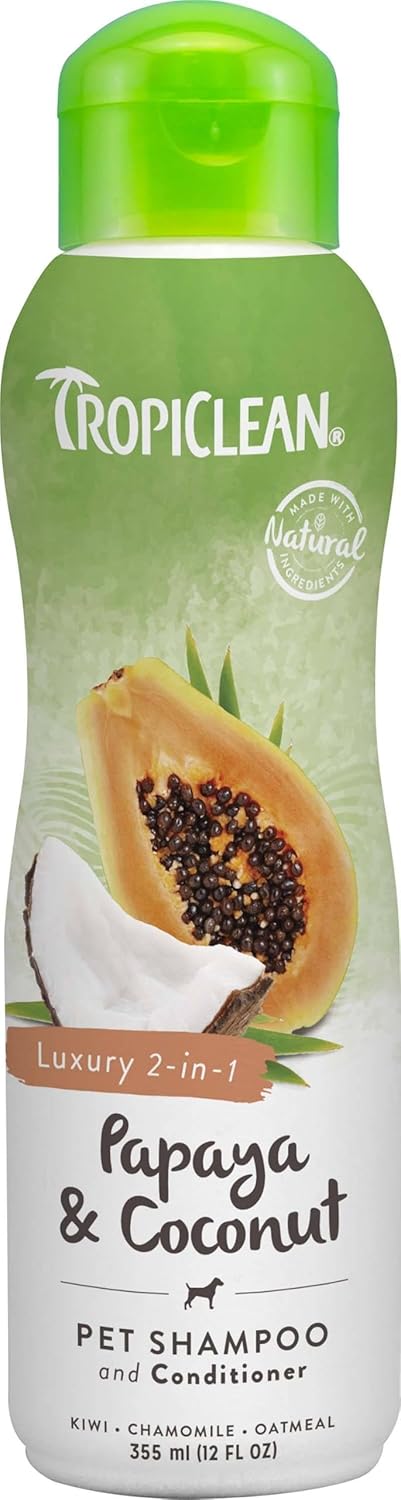TropiClean Dog Shampoo Grooming Supplies - Luxury 2-in-1 Shampoo & Conditioner - Dog and Cat Shampoo & Conditioner - Derived from Natural Ingredients - Used by Groomers - Papaya & Coconut, 355ml