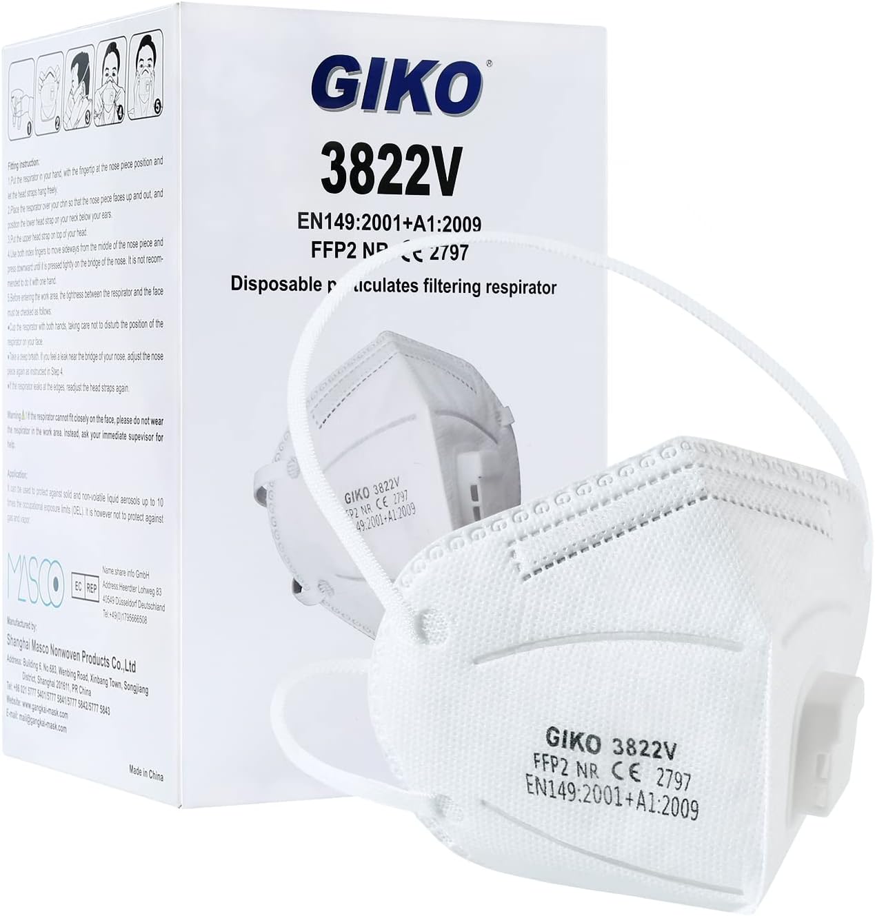 GIKO FFP2 Masks with Breathing Valve Pack of 20 Dust Masks Valved FFP2 Respirator Mask 5-Layer Protective Face Masks, White