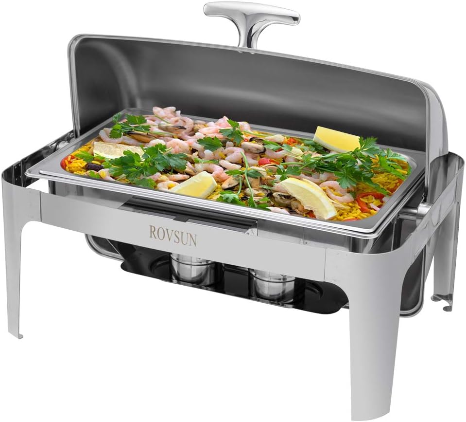 ROVSUN Chafing Dish Buffet Set, 9 Quart Roll Top Stainless Steel Chafer, NSF Rectangular Set with Food Pan, Water Pan and Fuel Holders, for Wedding, Parties, Banquet, Catering Events
